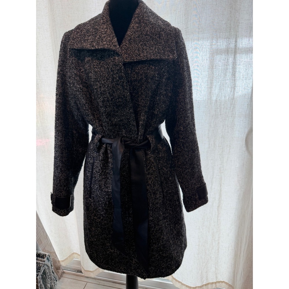Dana Buchman Womens Wool Blend Tweed Belted Coat Black White Salt Pepper Medium